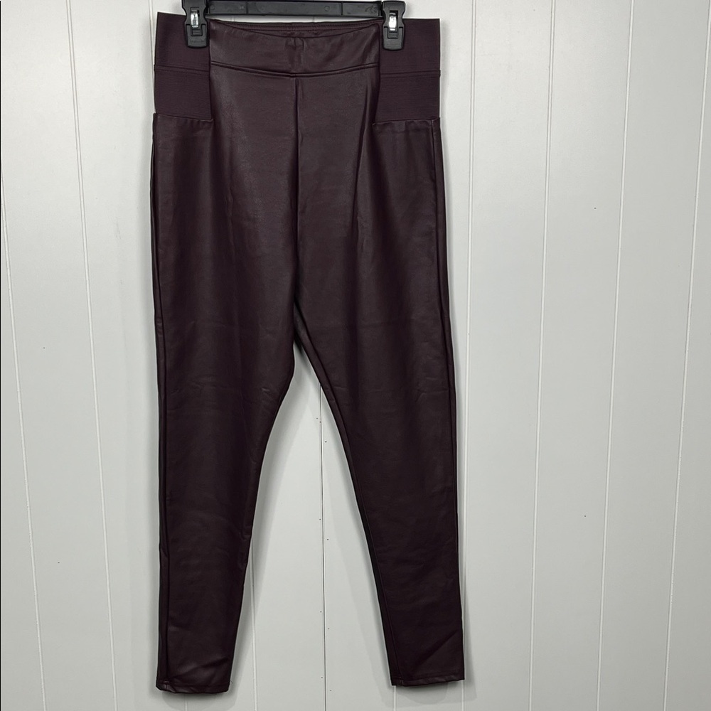 a new day Womens Faux Leather Pant L Deep Burgundy Skinny Ankle Stretch Waist